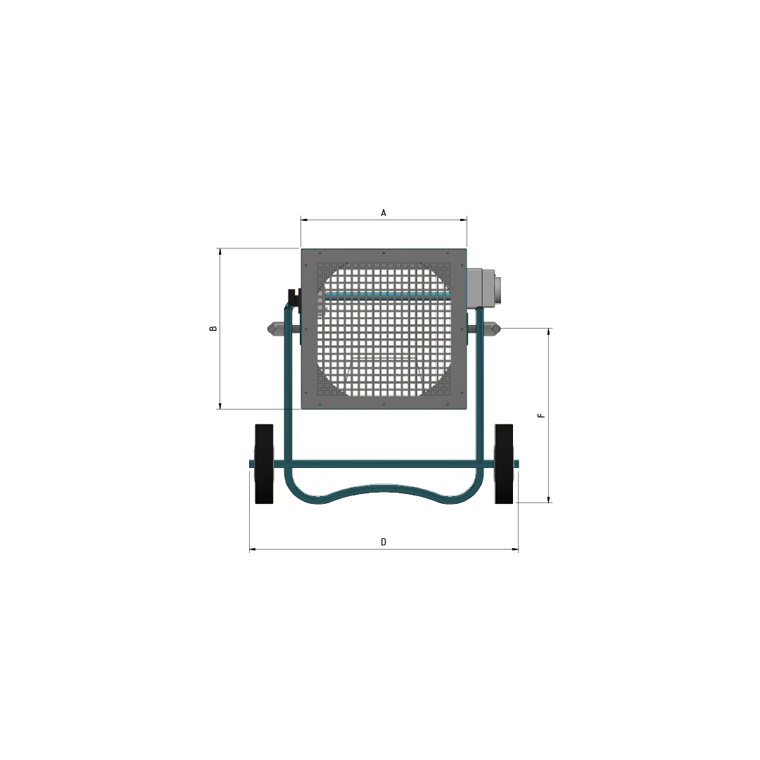 Heater Fan Mobile Front Solid View with Dimensions