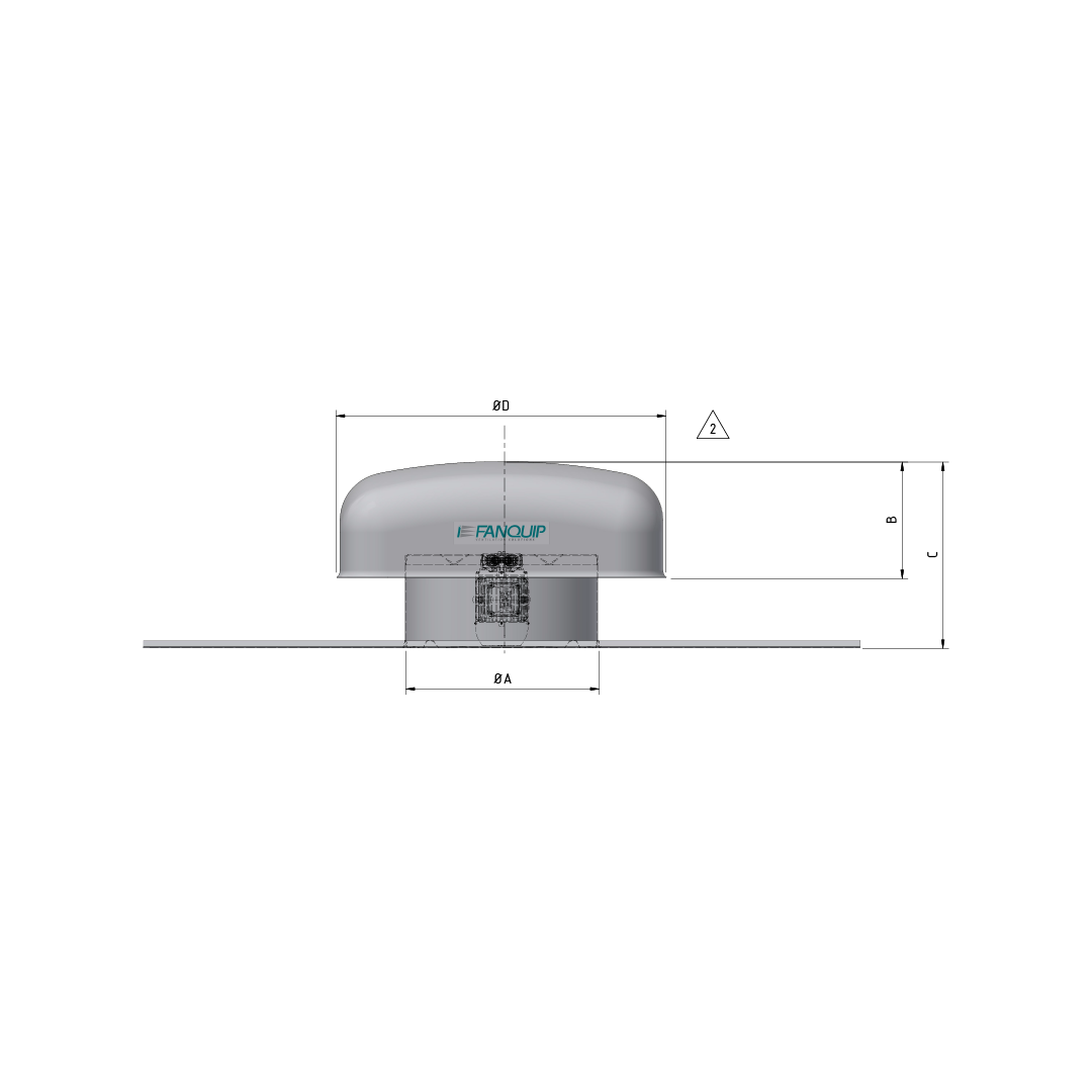 Hooded Roof Fan Profile Base Front Solid View with Dimensions